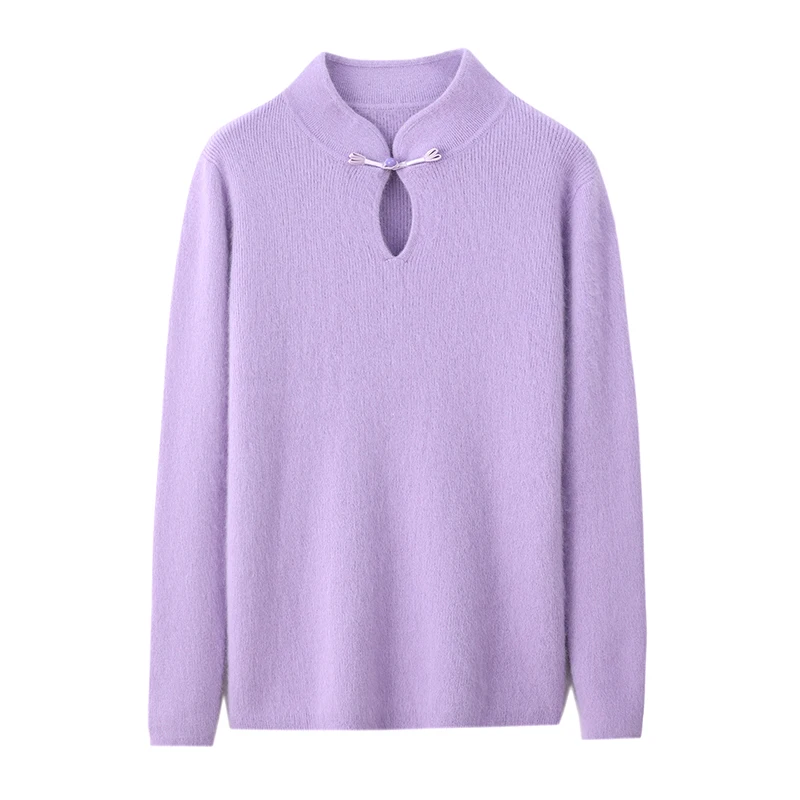 

100% Mink Cashmere Chinese Frog Button Sweater Solid Color Pullover Long Sleeves Women Comfort Warm Soft Loose Clothing Top