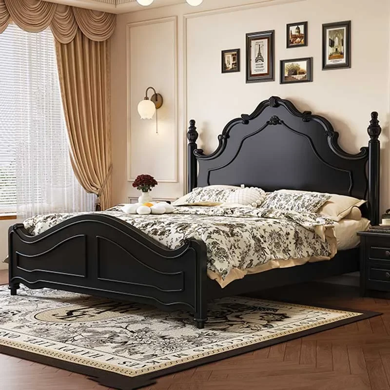 Queen French Style Double Bed Pretty American Modern Princess King Bed Comferter Black Cama Doble Luxury Bedroom Set Furniture