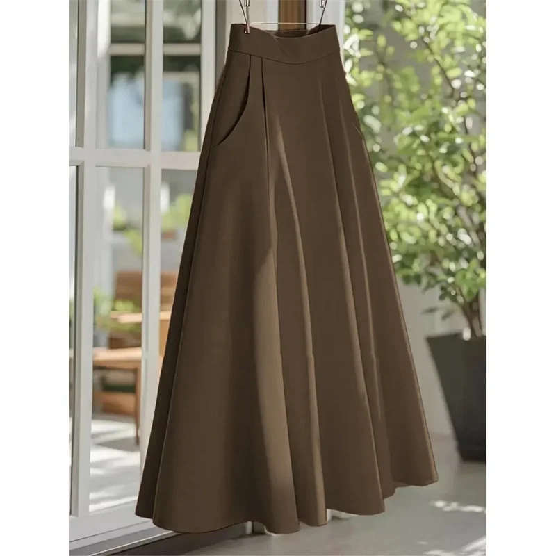 กระโปรงยาวทรงเอวสูงสีพื้นสำหรับผู้หญิงฤดูร้อน กระโปรงยาวลำลองสำหรับผู้หญิงระดับไฮเอนด์ แฟชั่นสไตล์ฝรั่งเศสปี 2025 กระโปรงยาวทรงแม็กซี่เนื้อบาง
