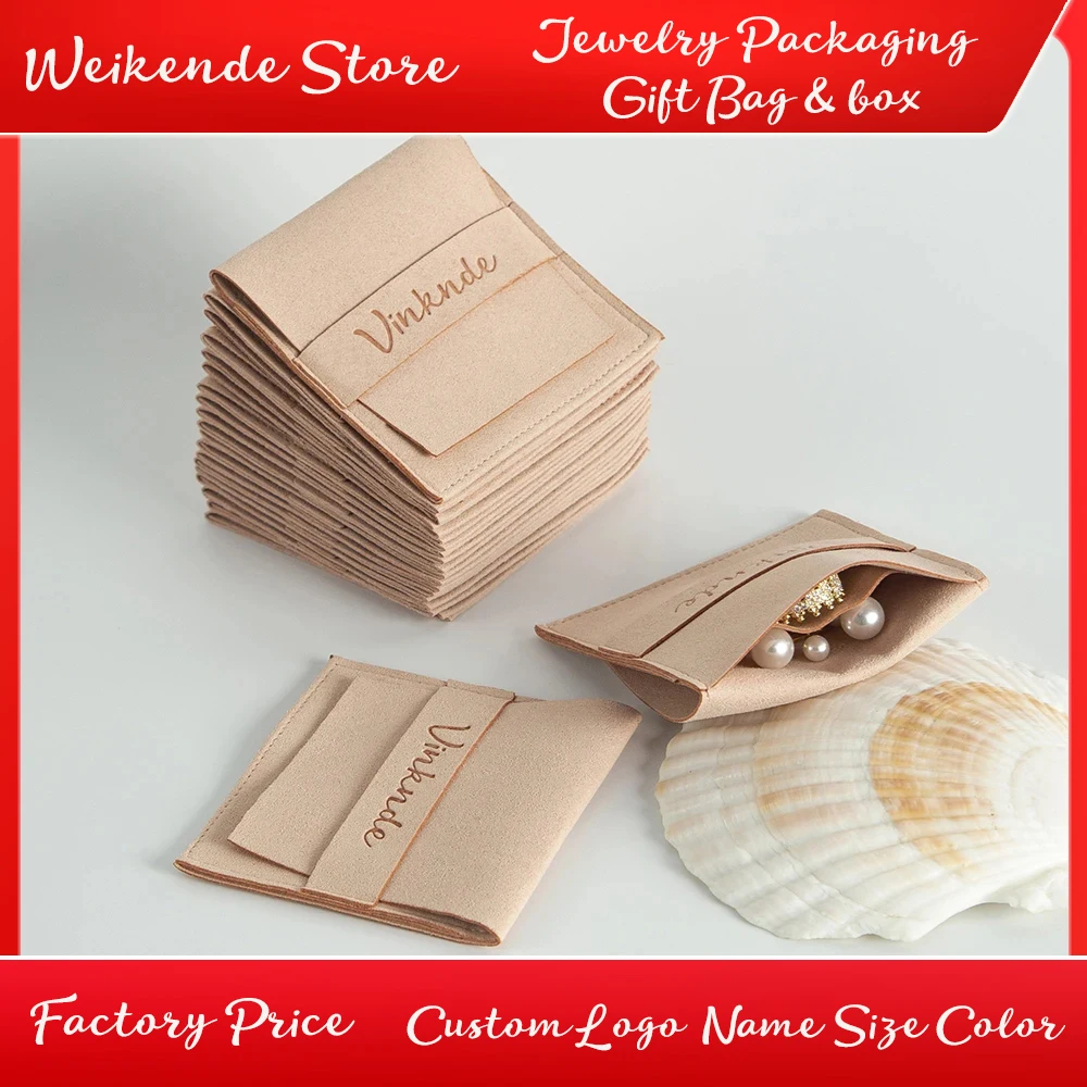 

Custom Logo Jewelry Pouch Packaging Bag with Compartment Soft Microfiber Flip Dust Proof for Necklace Christmas Wedding Gift Bag