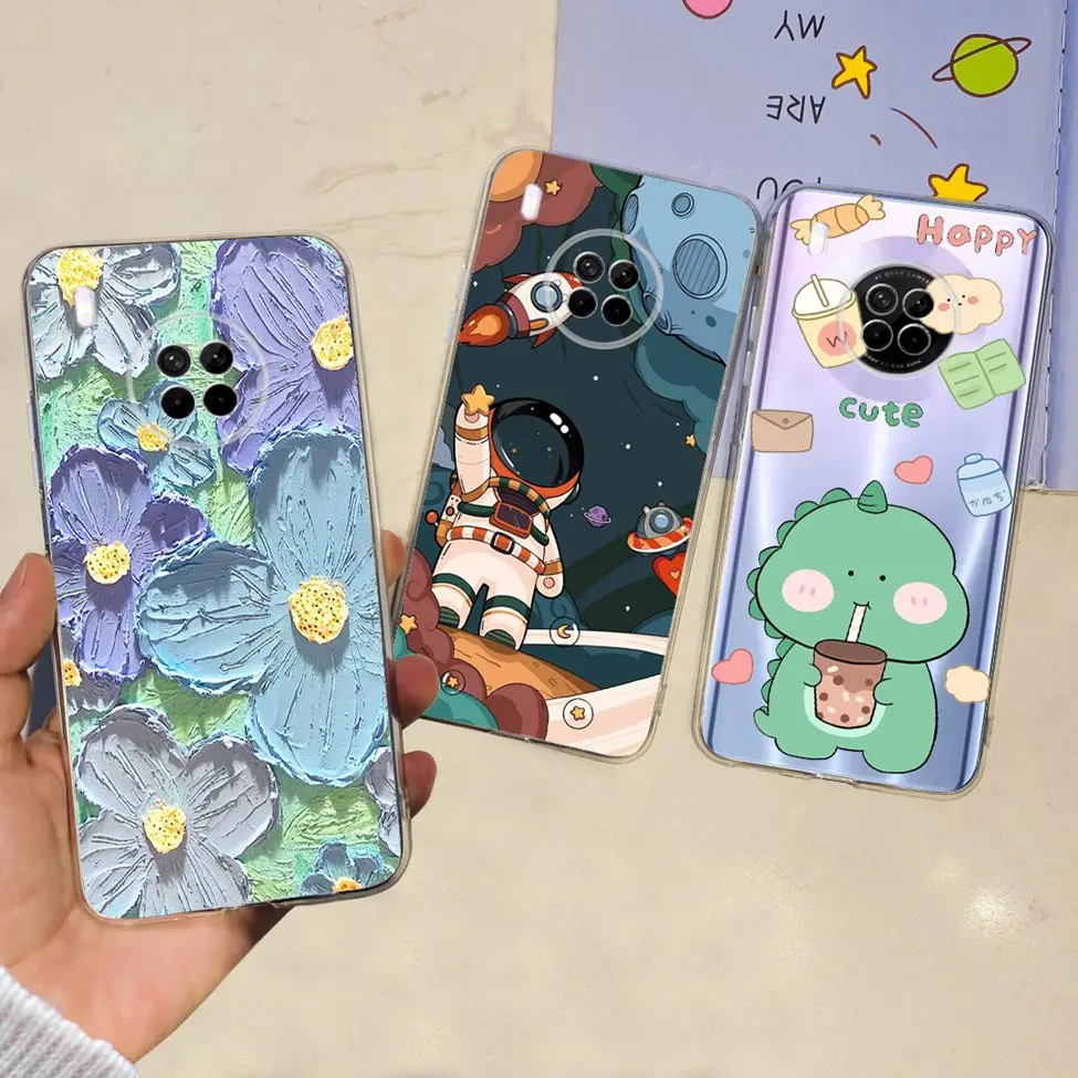 For Huawei Y9a Silicon Case Luxury Cute Flower Cat Painted Clear TPU Shockproof Bumper Cover For Huawei Y9a HuaweiY9a Phone Case