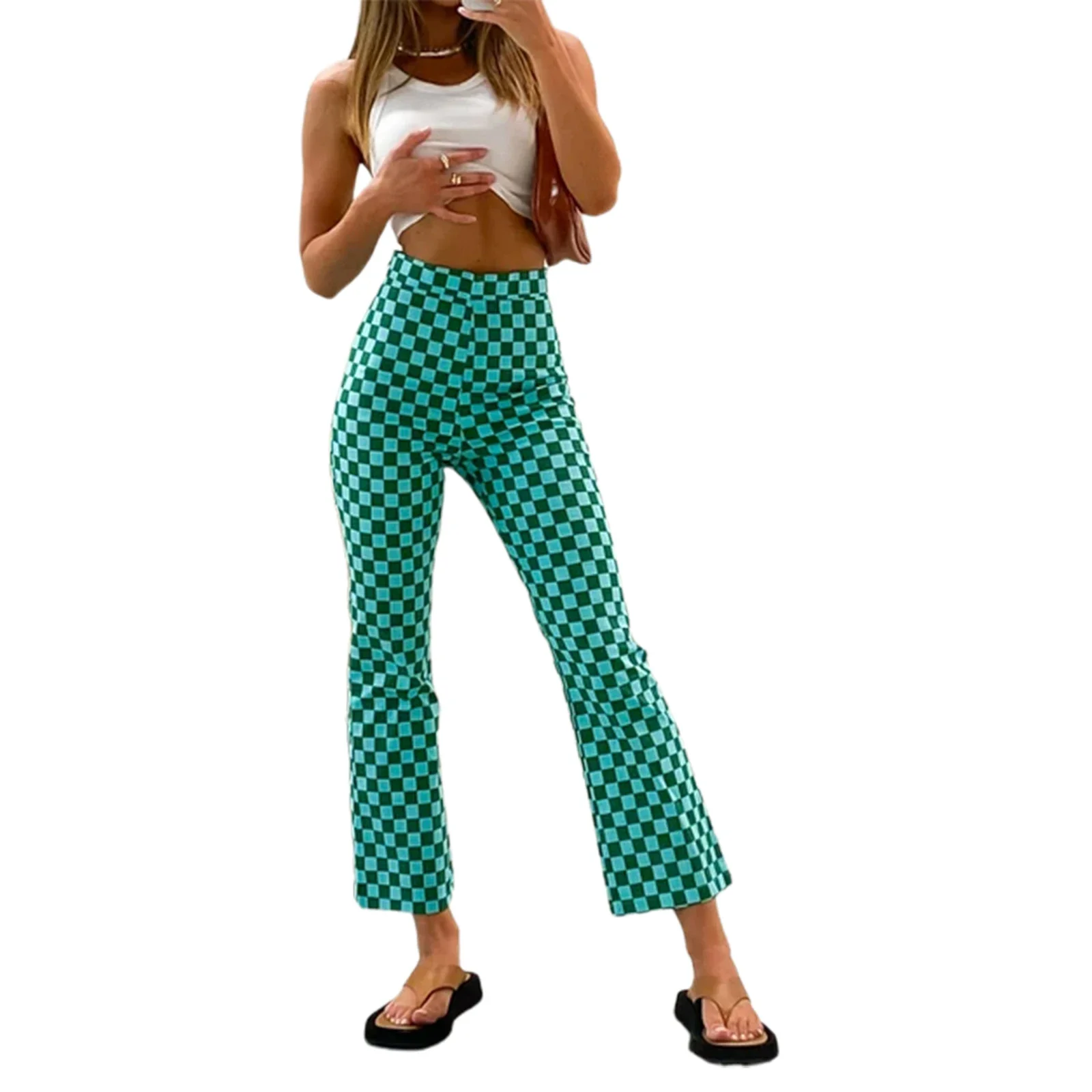 Combhasaki Women Y2K Vintage Aesthetic Plaid Print Slim Fit Pants Classic High Waist Slim Fit Straight Leg Ankle-Length Trousers