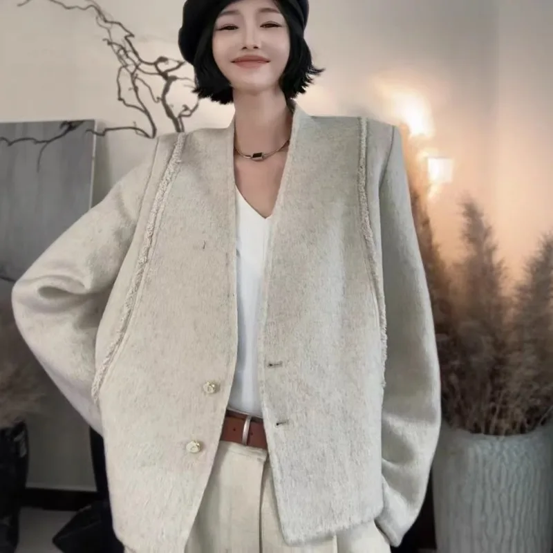 2026 New Double-sided Wool Coat V-neck Winter Fashion Office Lady Double Breasted Woolen Oversized Jackets