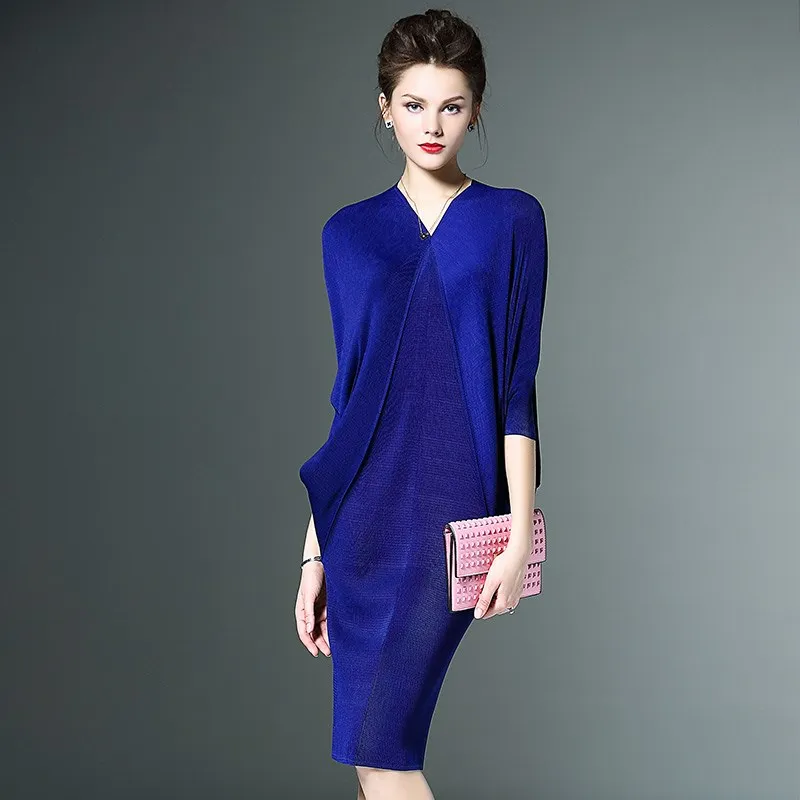 

Spring Autumn Faion OL Commute Ele Large Size Batwing Sve Pleated Dr Women mid Length A-Line Street Sle V-Ne