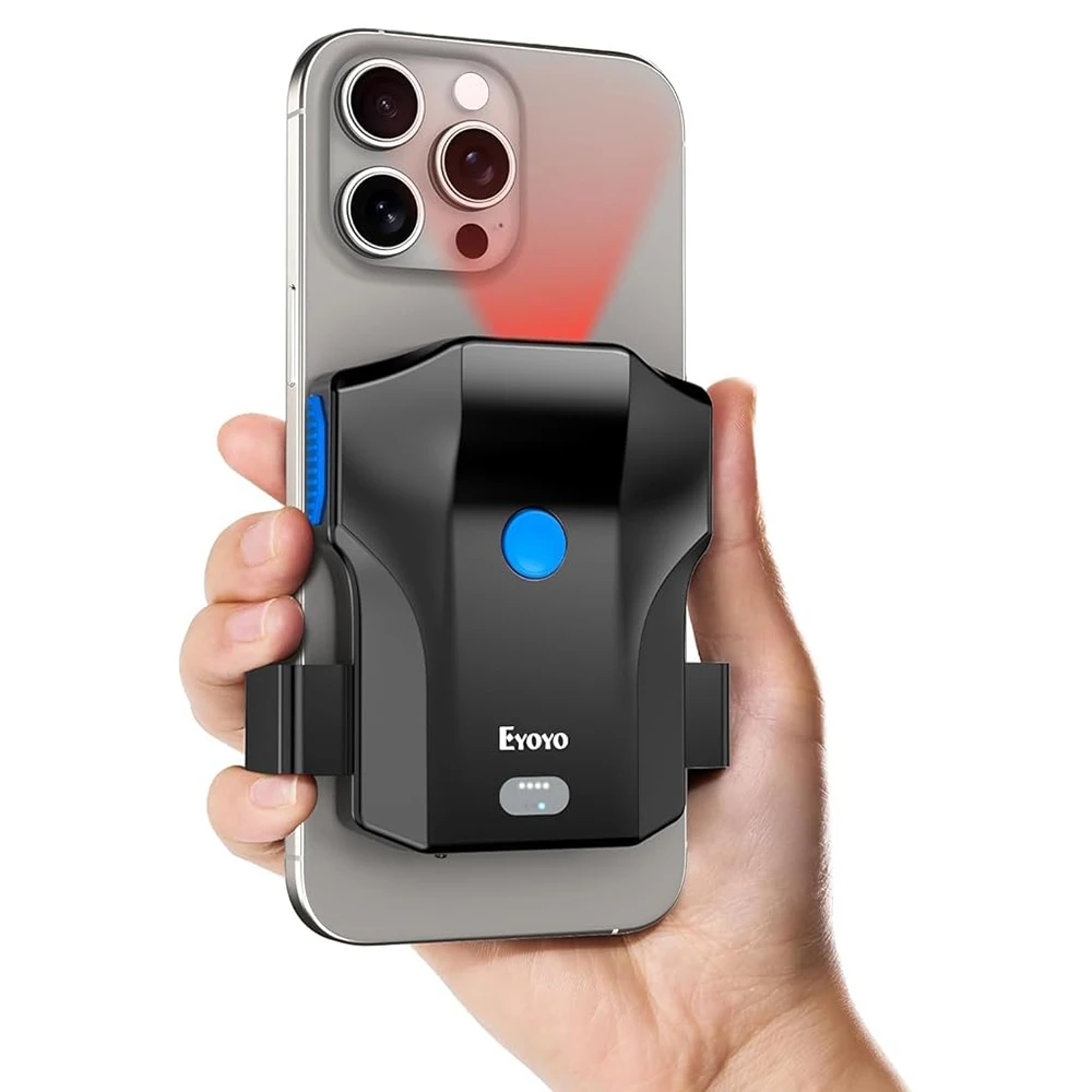 Eyoyo Back Clip 1D 2D Barcode-Scanner, tragbarer, kabelloser Bluetooth-Barcodeleser, schnelles Scannen von QR-Codes, kompatibel mit Android- und iOS-Mobiltelefonen.