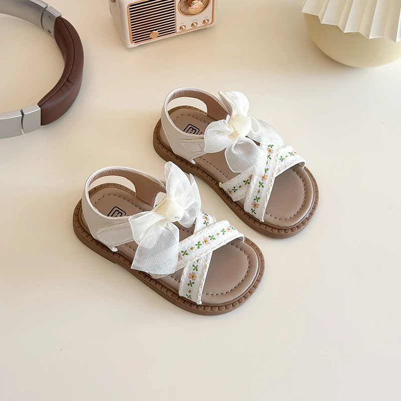 2025 Summer New Children Sweet Sandals for Girls Fashion Korean Style Soft Bottom Anti-slippery Versatile Chic Bowtie Beach Shoe