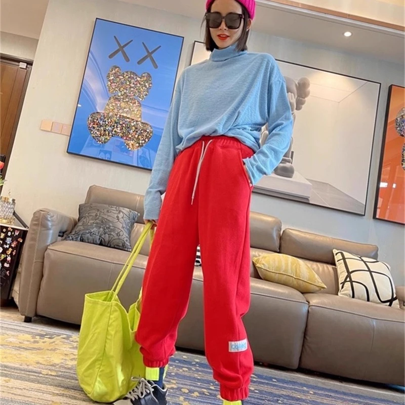 Winter losse pasvorm veelzijdige jogger hoge taille afslankende lange broek puur katoen fleece gevoerde verdikte trekkoord sport joggingbroek