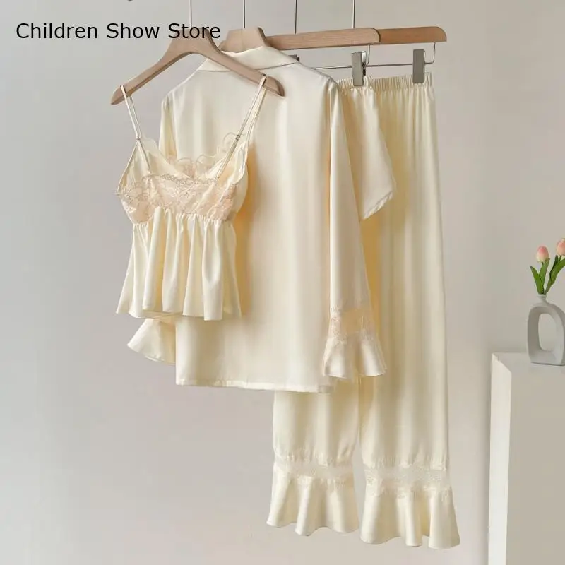 Sexy Lace Embroider Nightwear Home Clothes Light Yellow Pajamas Suit Women Sweet Satin Shirt&pants Princess Style Pcs Sleepwear