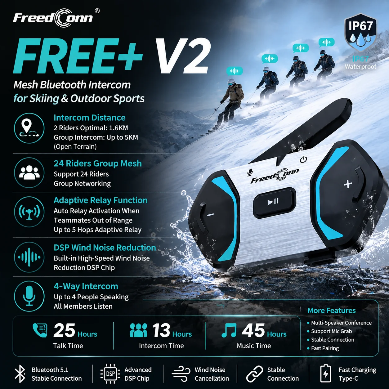 FreedConn FREE+ V2 Mesh Ski Intercom Long Range Multi User Helmet Communication