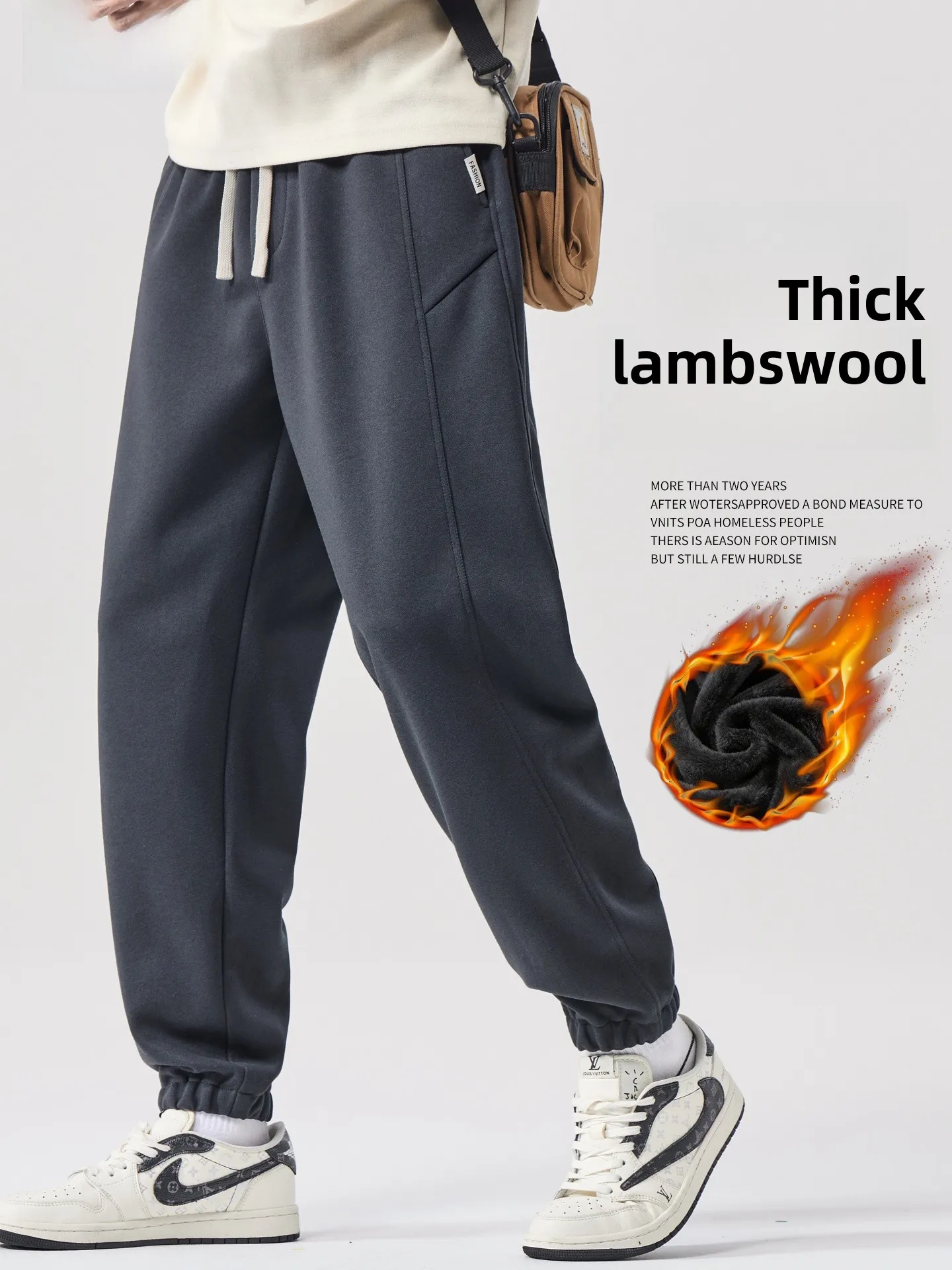 

Heavyweight Lamb Velvet Sweatpants Men's Loose Cuffed Fce Lined Thi Winter Warm Sports Casual Pants Polyester Cotton Blend