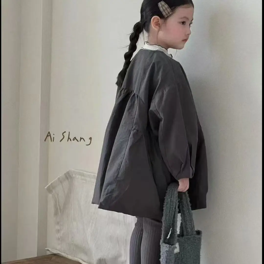 

2-9 Year Children's Trench Coat Retro Korean High-end Girls' Casual Versatile Loose Trench Coat Jacket Top 90-150CM