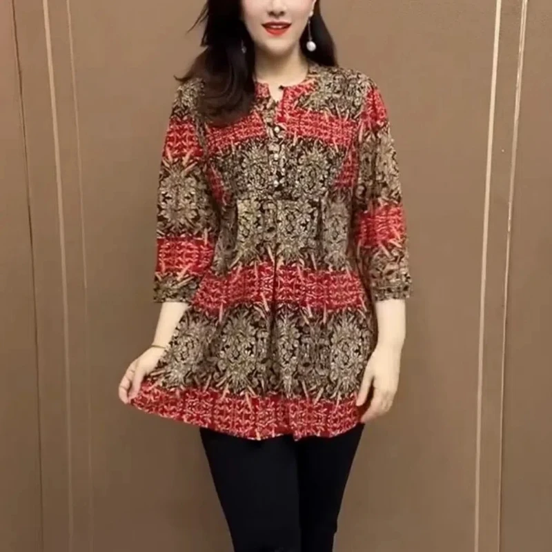 2024 Fashion Gradient Mother Dress Summer New Pattern Loose Display Thin Medium and Long Styles Three Quarter Office Lady Tops