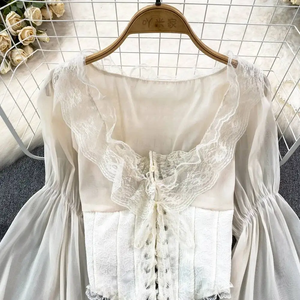 

Chic Blouse Women 2023 Chiffon Lace Lace-Up Patchwork Elegant Blusas Embroidery Blouses For Woman French Court Retro Dropship