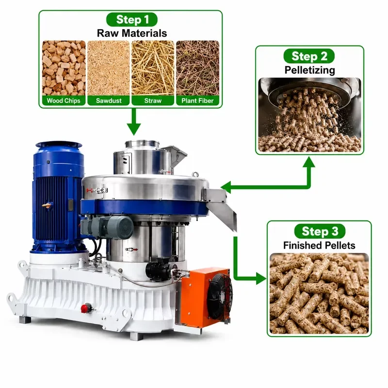 Wood Pellet Production Line Vertical Ring Die Biomass Pellet Making Machine Sawdust Pellet Mills Electric Motor