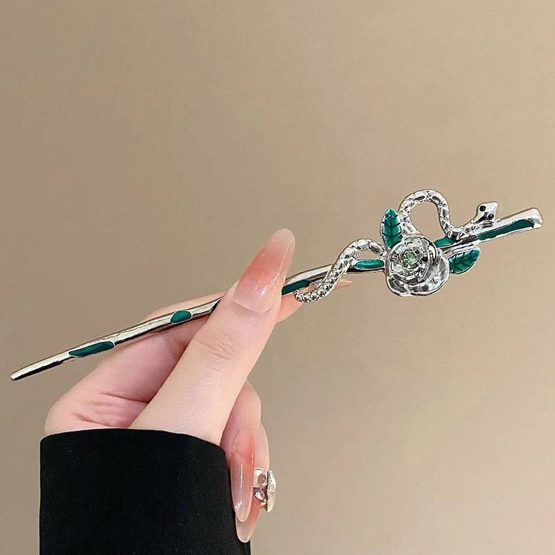 New Chinese Style Personalized Retro Snake Shaped Hairpin Niche Design  Rose Antique Style Hanfu Temperament Hair Accessory
