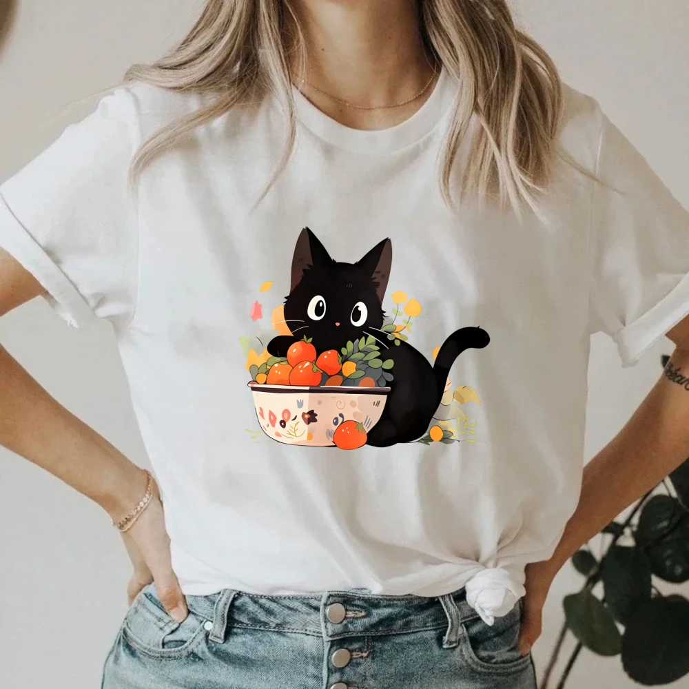 Vintage Black Cat on Books Forest Style T-Shirt, Floral Coffee Print Cotton Short Sleeve Tee Retro Book Lover Top Women Clothing