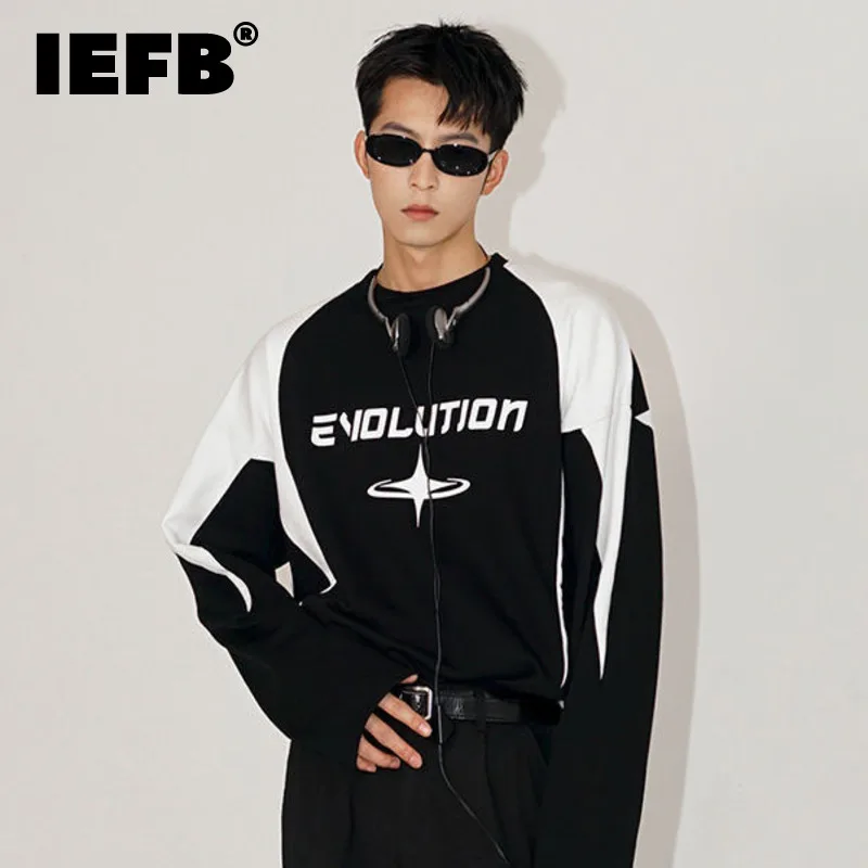 

IEFB Round Neck Men's Sweater Spring Autumn New American Style Loose Print Contrast Color Cotton Longsleeved 2023 Male Tops