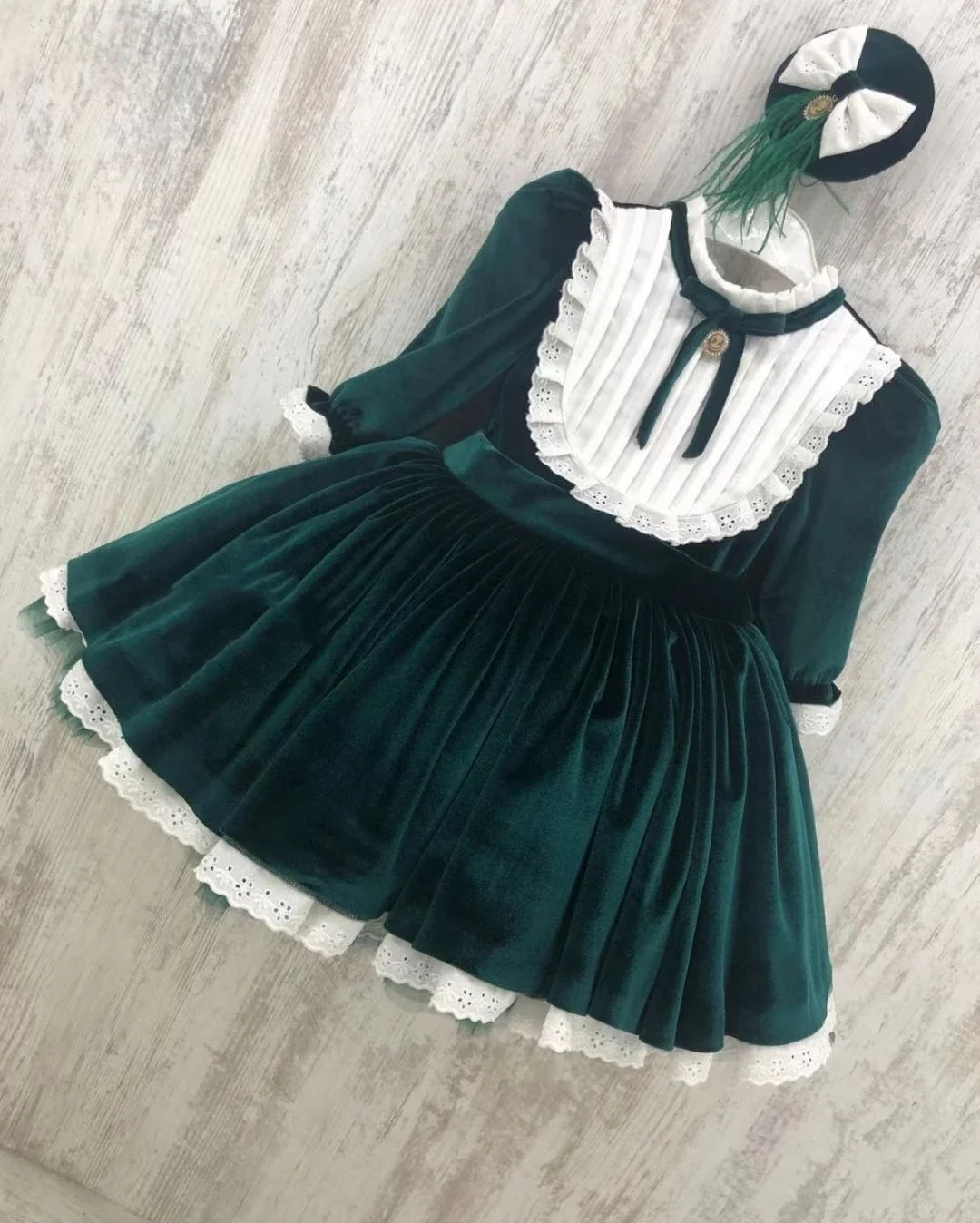 1-12Y Baby Girl Autumn Winter Green Velvet Vintage Spanish Turkish Princess Ball Gown Dress for Eid Photography