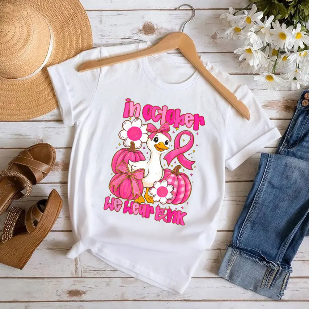 Em outubro usamos câncer de mama rosa feminino halloween ganso camiseta solta harajuku respirável camisetas para masculina