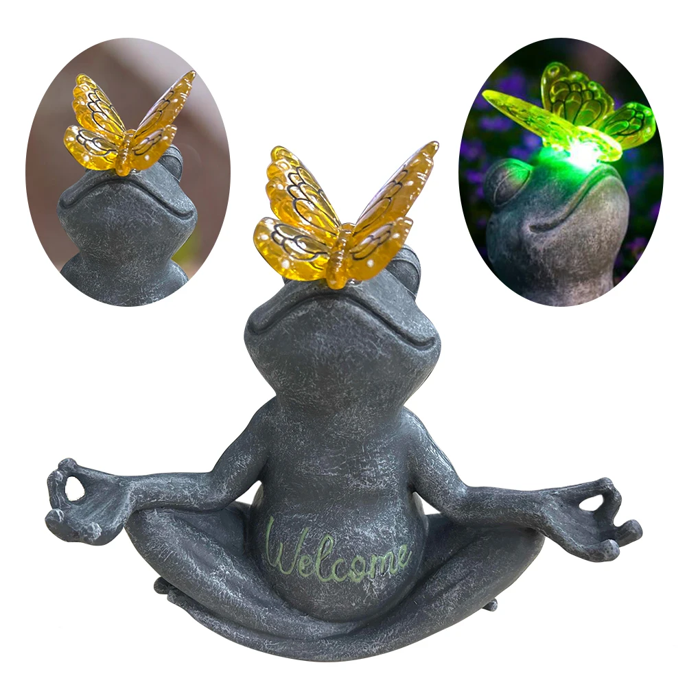 

Yoga Frog Statue Solar Light Decorative Frog Butterfly Light Resin Seated Frog Lamp Waterproof Creative for Garden Courtyard