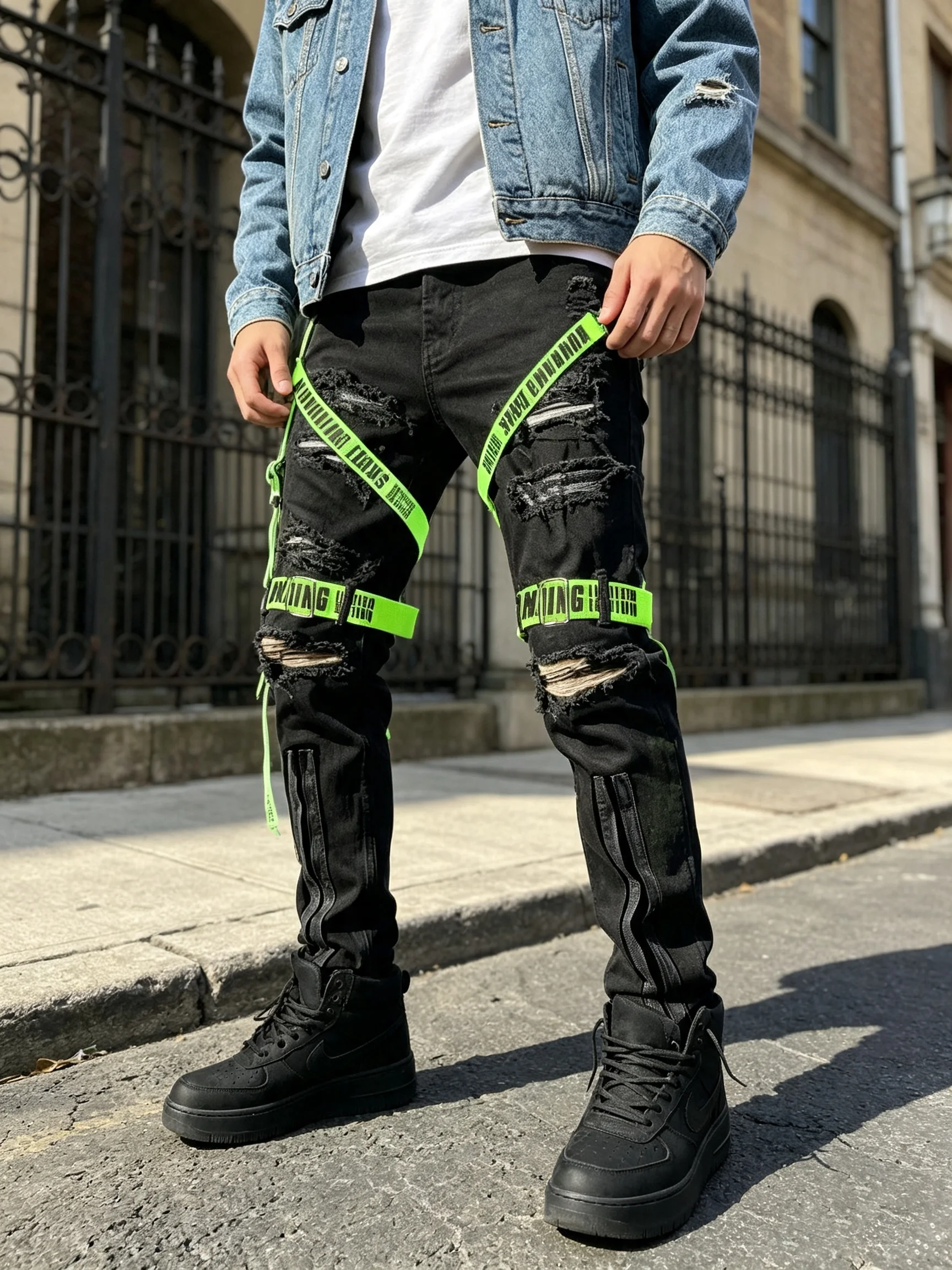 Men Y2K Ripped Distressed Jeans Drip Clothes Decorative Strap Zipper Trousers Punk Streetwear Men's Destroyed Denim Jeans Men
