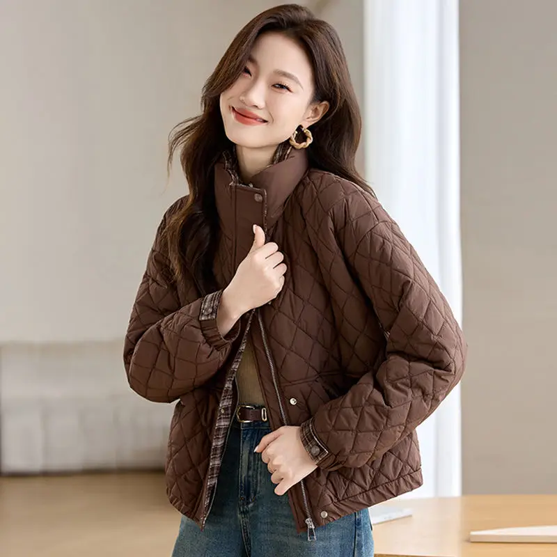 Women's Clothing Fashion Stand-up Collar Diamond Pattern Thin Cotton Coat Autumn Winter Loose Fit Warm Outerwear Cotton Coat