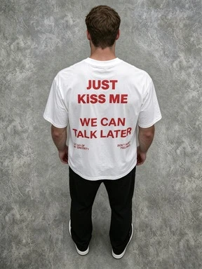 2026 Just Kiss Me We Can Talk Later Letter Print T-Shirt Unisex Short Sleeve Black Tee Red Text Back Print Simple Streetwear Tee