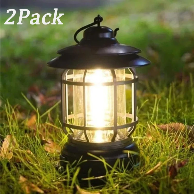 

2Pack Camping Lantern USB Rechargeable Battery Powered Retro Camping Light Waterproof Hanging LED Tent Lamp for Hiking Fishing