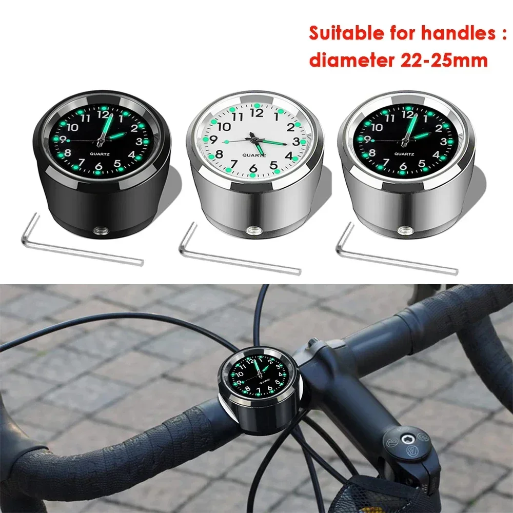 Aluminum Quartz Watch Luminous Clock Handlebar Mount for 22mm-25mm Motorcycle Scooter Bicycle Handlebar Waterproof Time Display