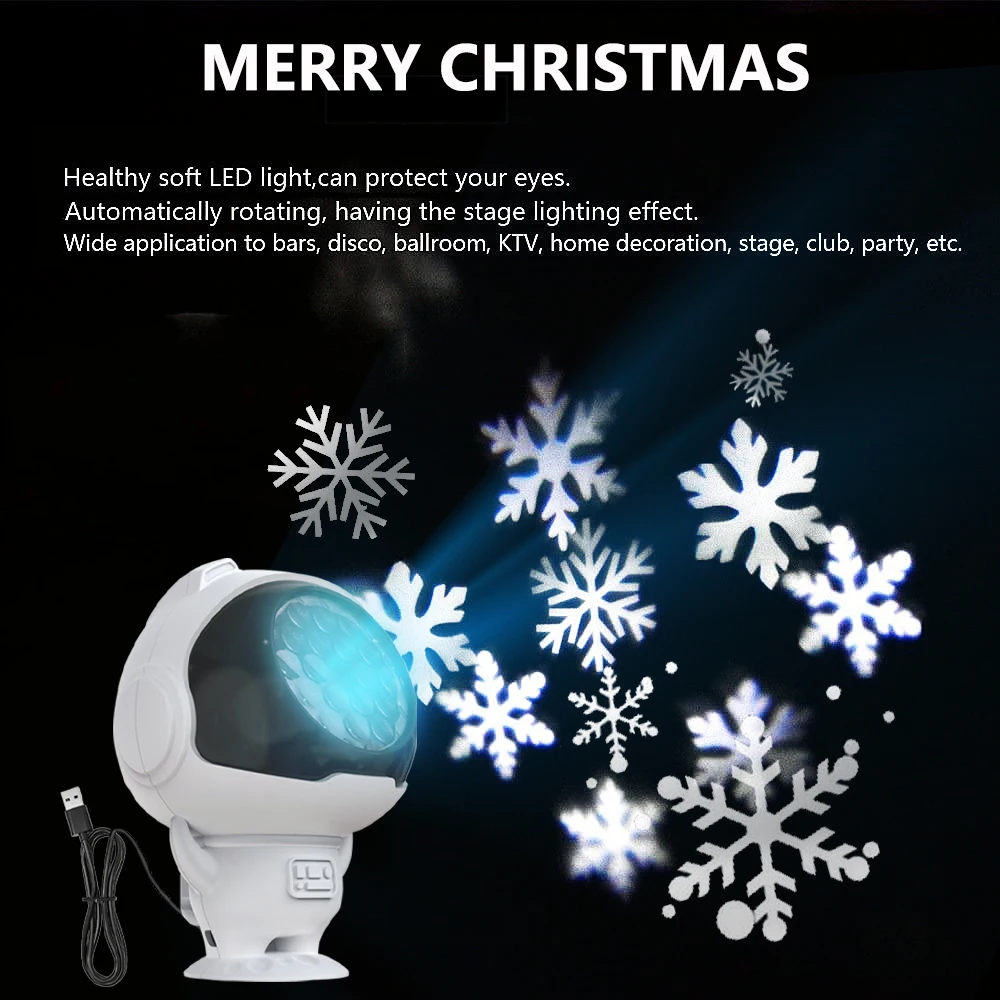 USB Snowflake Astronaut Projector Light Indoor Decor Rotat Dynamic White Snow Projection Night Lamp for Xmas New Year Party Gift