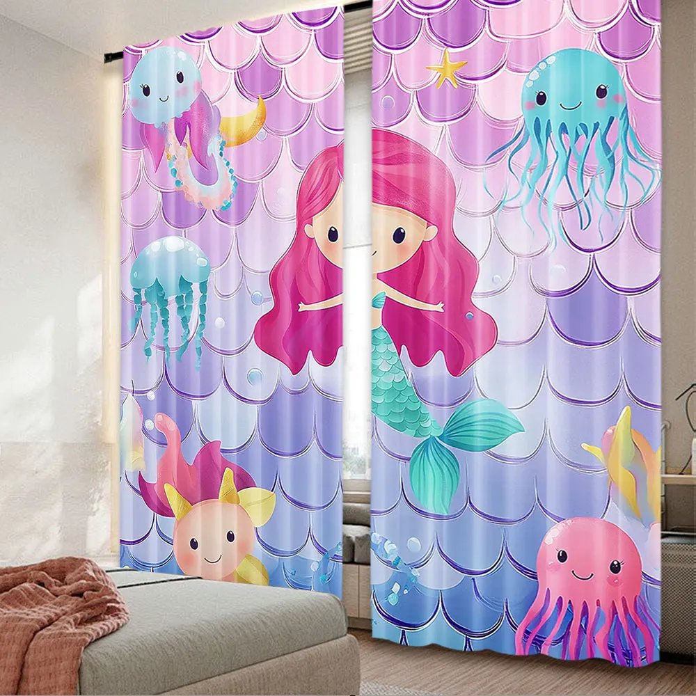 

2Pcs Cute Mermaid Curtain Cartoon Octopus Fantasy Ocean Life For Bedroom Living Room And Dining Room 29.53X65.35In,