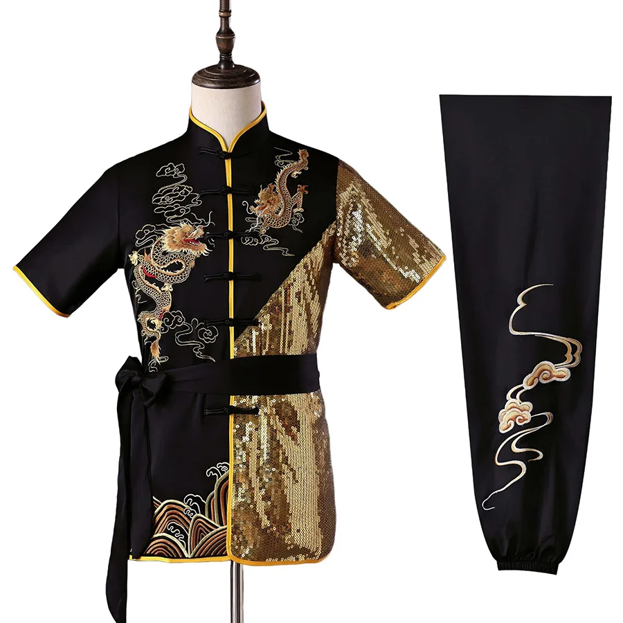 Children Martial Arts Performance Suit Sequin Patchwork Dragon Embroidery Kung Fu Uniform Chinese Wushu Competition Outfit