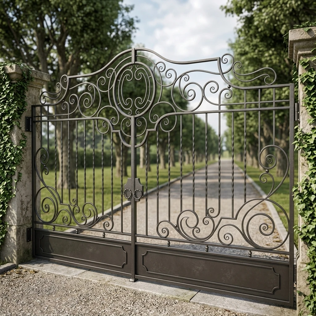 Custom Elegant Durable Traditional Wrought Iron Swing Gate for Exterior Home Garden Entry Courtyard