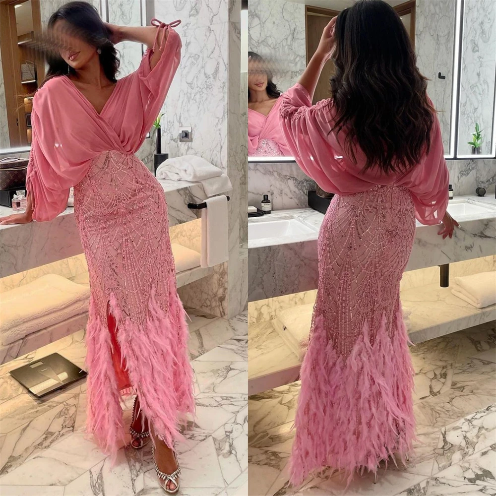 

Jiayigong High Quality Exquisite Jersey Sequined Beading Feather Ruched A-line V-neck Bespoke Occasion Gown Midi DressesEvening