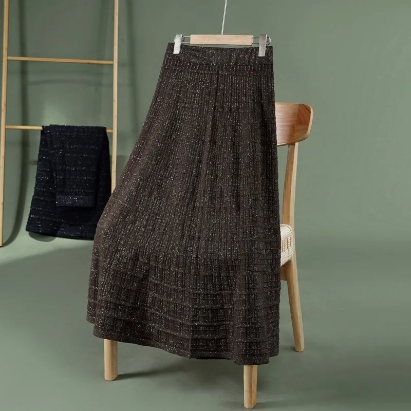 Women Elegant Knit Midi Skirt High Waist Glitter Pleated Swing Skirt Fashion A Line Long Skirt