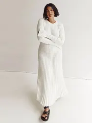 Solid Color Round Neck Long Sleeved Knitted Dress Women Pleated Slim White Long Robes 2023 Summer Lady Office Streetwear Vestido