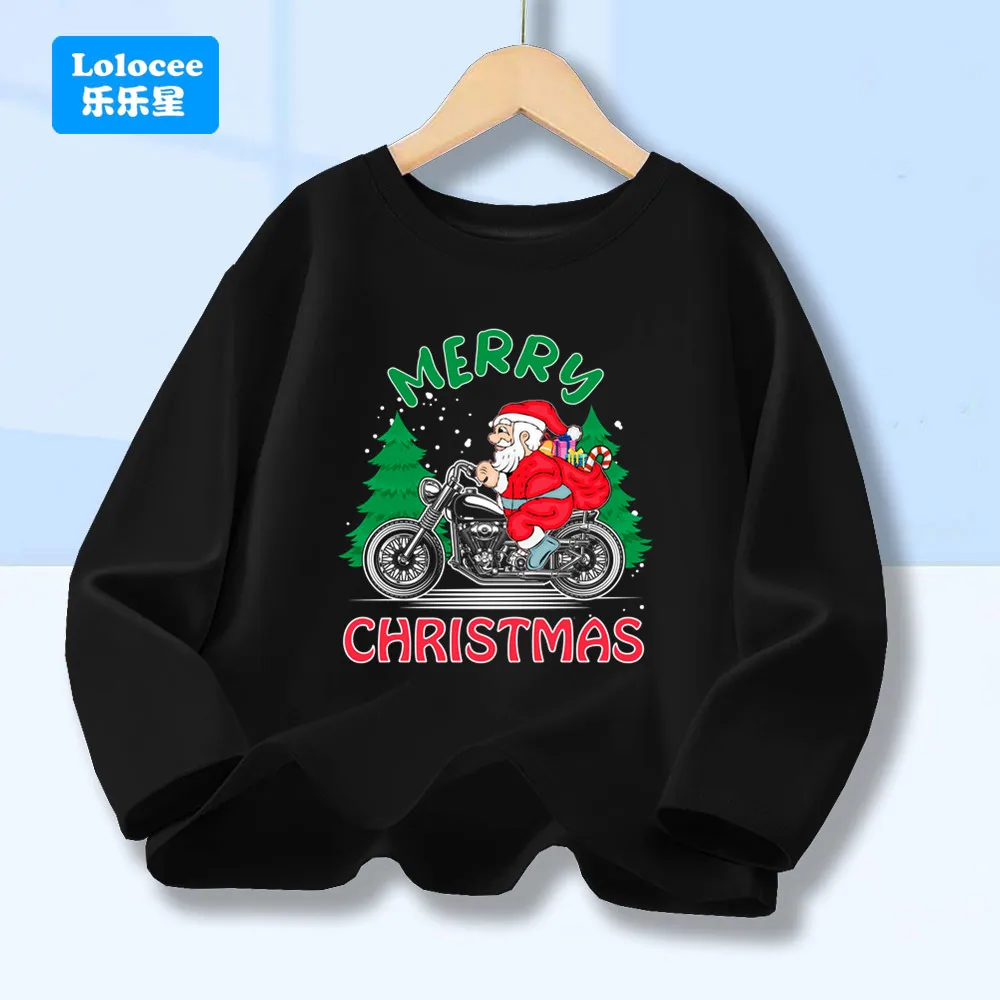 

Funny Christmas T-shirt For Boy Girl Motorcycle Santa Claus Pattern Casual O-Neck Long Sleeve Tops New Year Tee SDLR1