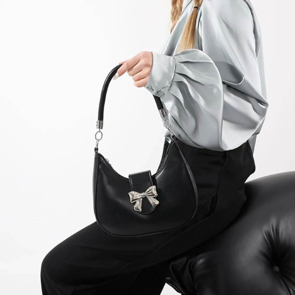 Y2k Style Bowknot Crossbody Bag PU Leather Underarm Bag Dumpling Shoulder Bag Bow Large Capacity Half-moon Handbag Streetwear