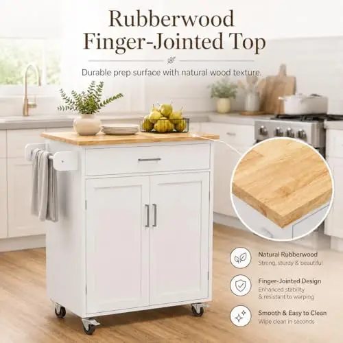 Kitchen Island on Wheels White Rolling Trolley Cart Island Cart Storage Cabinet with Rubber Solid Wood Countertop One