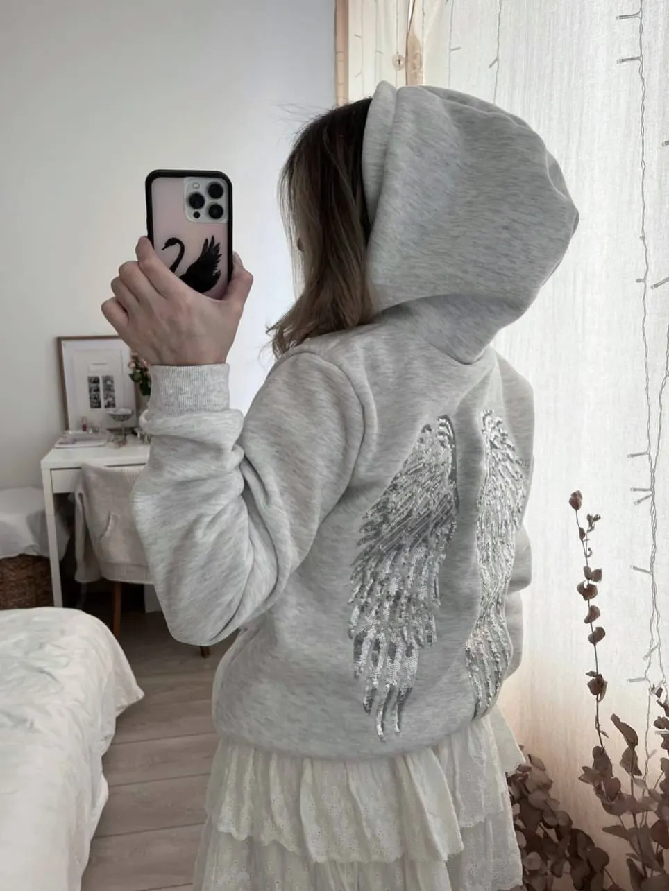 Women Y2K Back Sequin Wings Print Hoodie Oversized Long Sleeve Loose New Casual Pullover Hip Hop Sweatshirt Daily Outdoor Wear