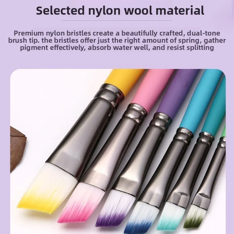 6Pc set nylon wool oil brush watercolor water chalk art painting brush wooden pole