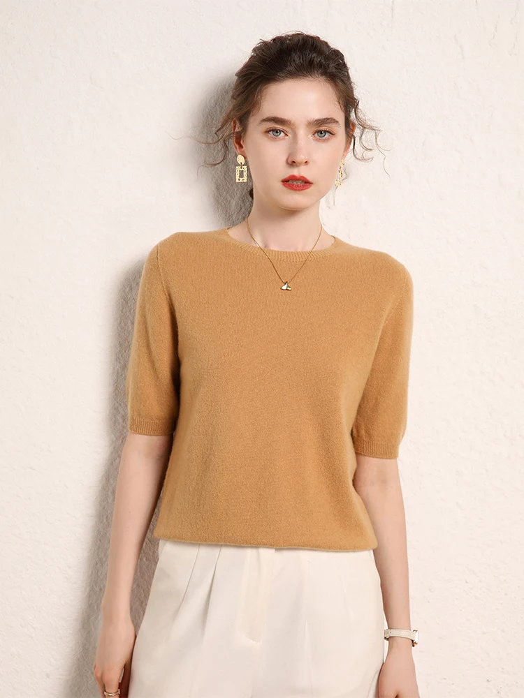 Women Cashmere T-shirt O-neck Short Sleeve Pullover Sweater For Spring Summer 100% Cashmere Knitwear Female Basic Clothing - Detail 1