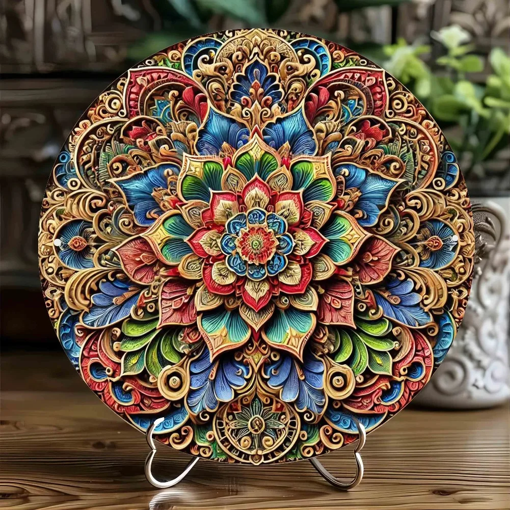 Luxuriöse florale Mandala-Wandkunst aus Aluminium, rundes 2D-Metallplakat für Zuhause, Schlafzimmer, Wohnzimmer, Café-Dekoration – ästhetisch