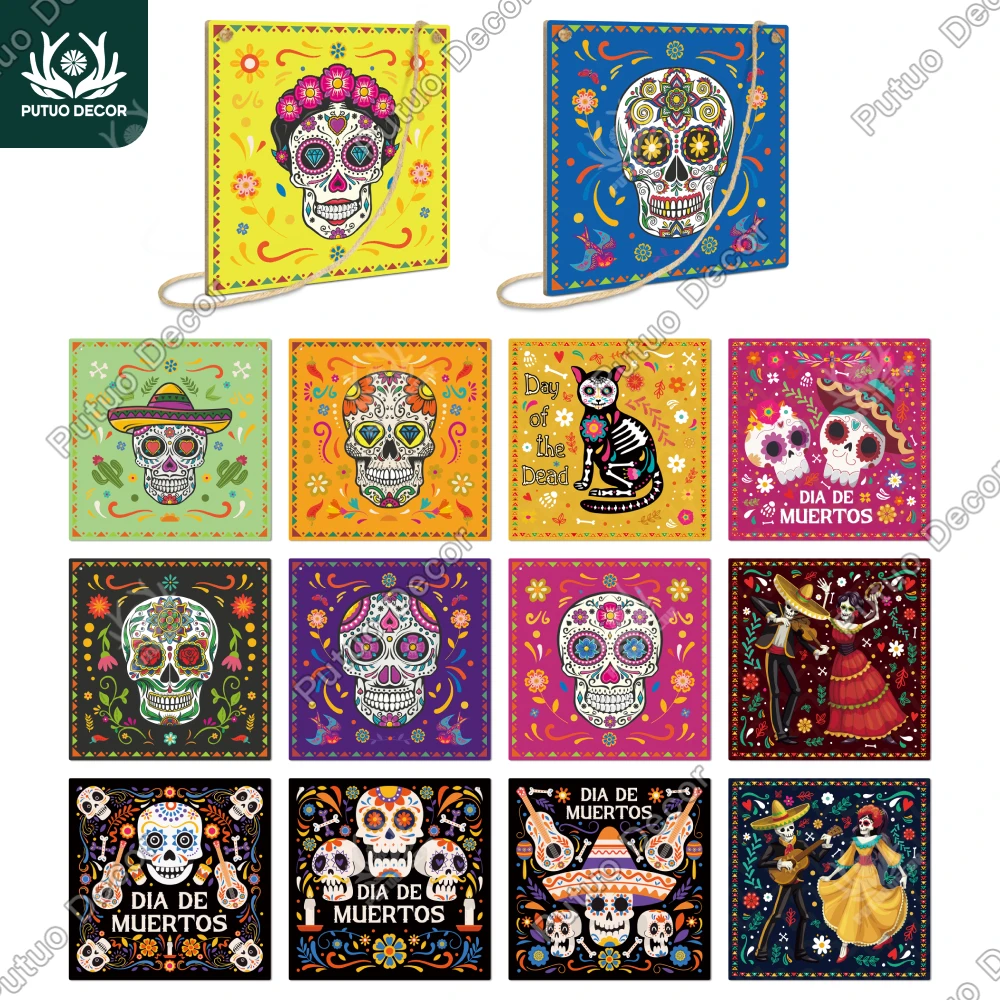 Putuo Decor  Mexican Style Flower Headband Skull Wooden Hanging Sign, Wall Decoration for Home, 7.8x 7.8 Inches Day of the Dead