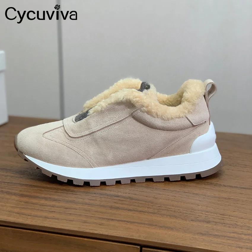 Winter New Warm Comfortable Flat Sneakers Women Thick Sole Suede Wool Walking Shoes Casual Party Vacation Fur Shoes For Woman