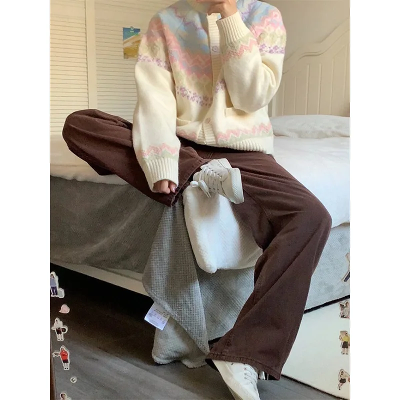 Women Autumn Winter Korean Fashion Button Color Blocking O-neck Knitting Women Clothes Preppy Style Loose Cardigan Sweater Tops