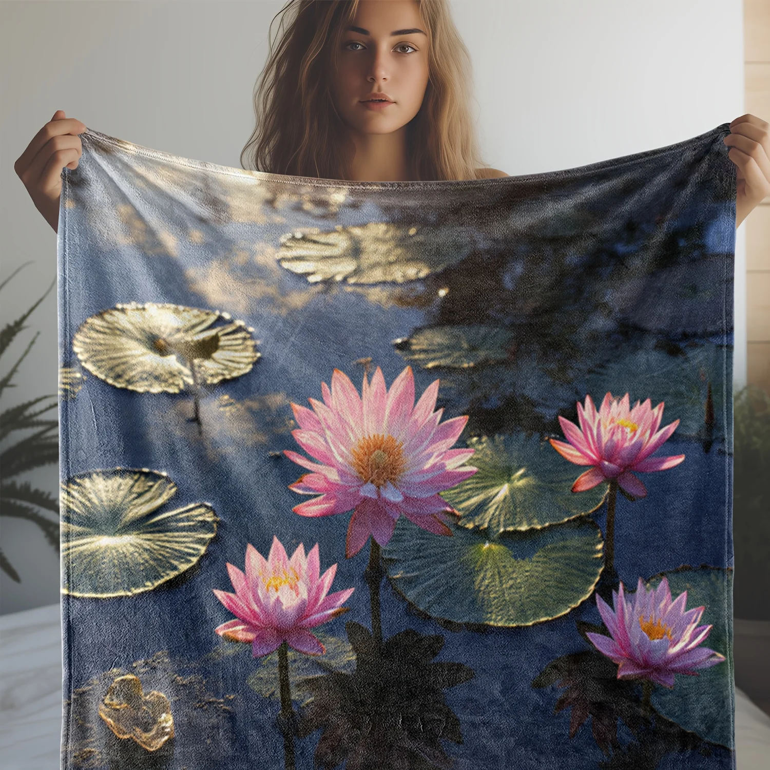 1pc Vintage Floral Print Flannel Blanket - Soft  Polyester, Pink for Lotus & Green Leaves Design, All-Season Cozy Throw for