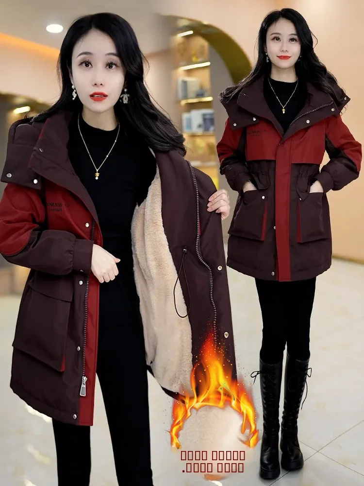 

Утепленная хлопковая куртка Thiened Fce средней длины, модная винтажная зимняя верхняя одежда для женщин, на молнии, для повседневной носки