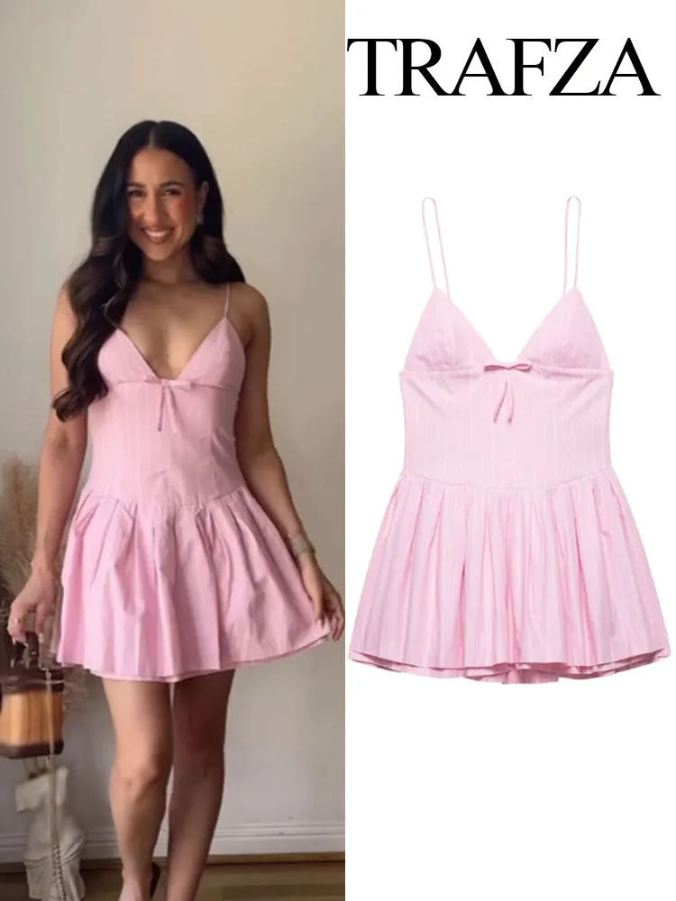 

TRAFZA Women Fashion Sexy Slim Striped Sleeveless Pleated V-Neck Bow Decoration Mini Dress Summer Women Side Zipper Dresses