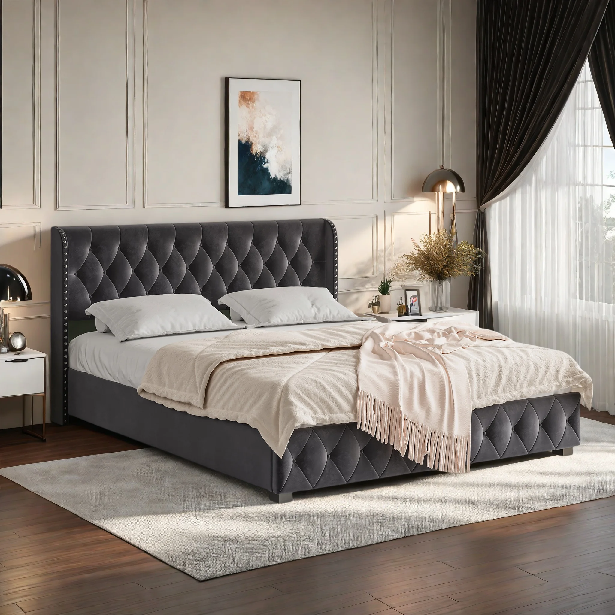 Fangange gestoffeerd tweepersoonsbed, opbergbed, jeugdbed met opbergbox, functioneel bed, de zachte tas is verdikt hoofdeinde, fluweel